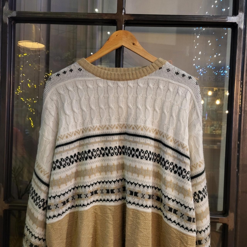 Tan and Cream Cable Knit Crew Neck Sweater